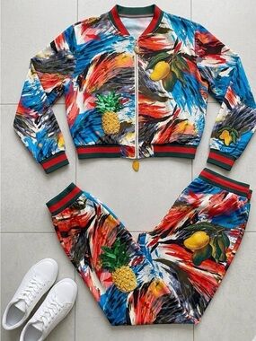 Mango Multicolor Abstract Fruit Print Track Jacket & Joggers Set